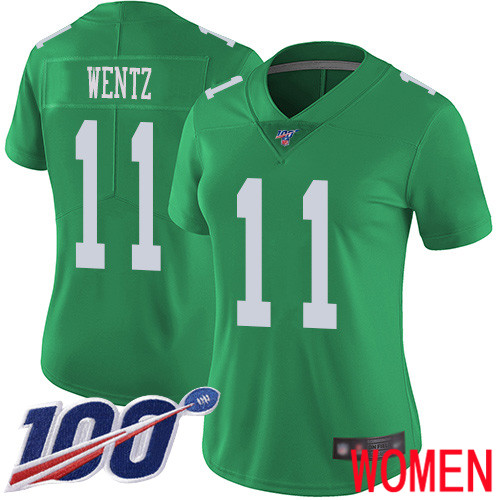 Women Philadelphia Eagles #11 Carson Wentz Limited Green Rush Vapor Untouchable NFL Jersey 100th Season
